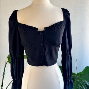Miss Lola Black Ruched Long Sleeve Crop Blouse
